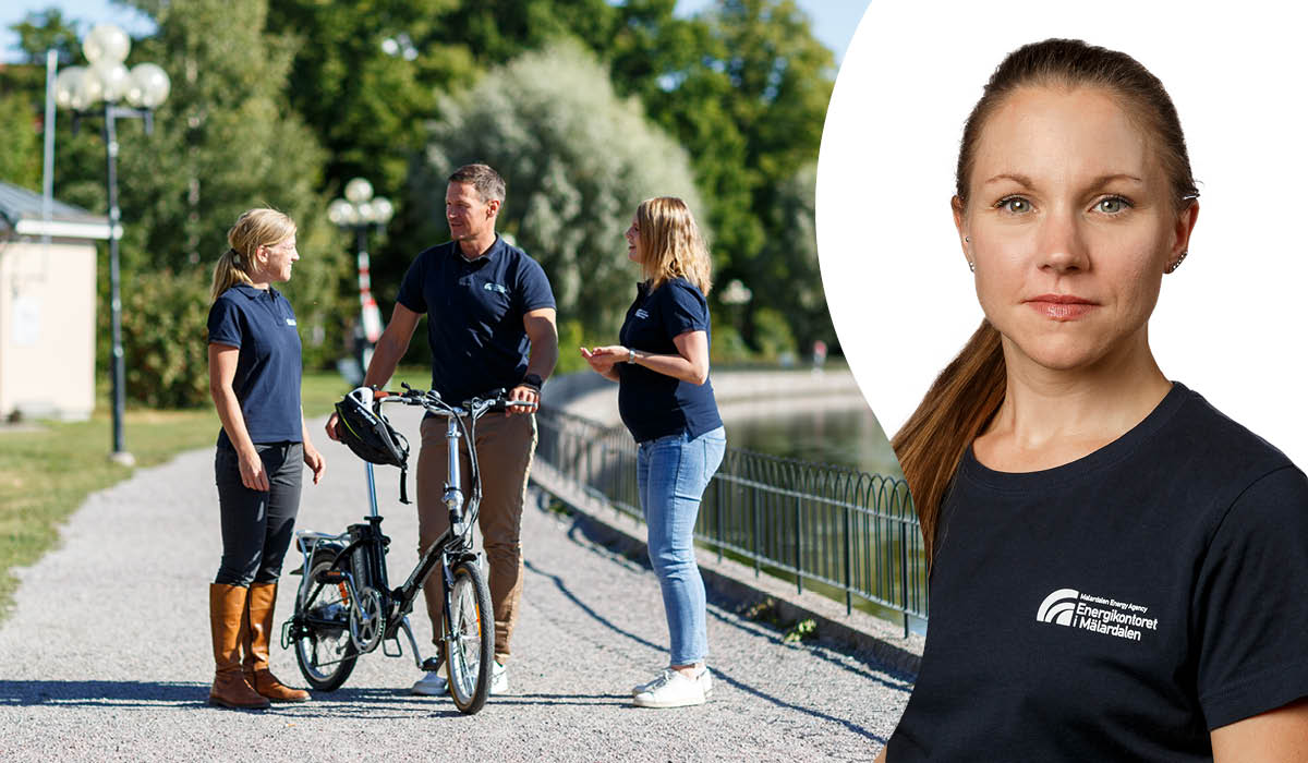 Kvinnliga och manliga projektledare på Energikontoret i Mälardalen diskuterar åtgärder för att öka andelen hållbara resor över en cykel vid Eskilstunaån.